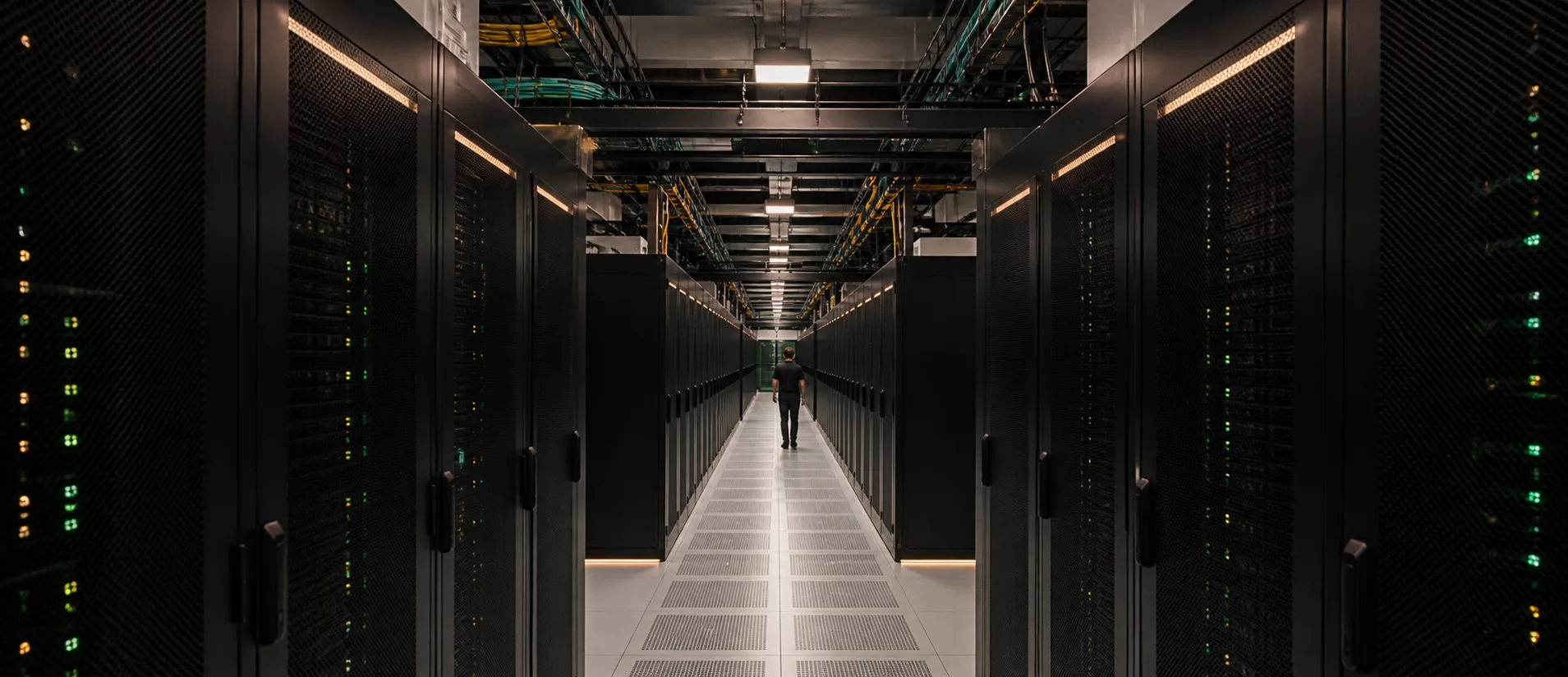 Illustrative high-capacity data center fabric environment with rows of network racks and overhead fibre pathways
