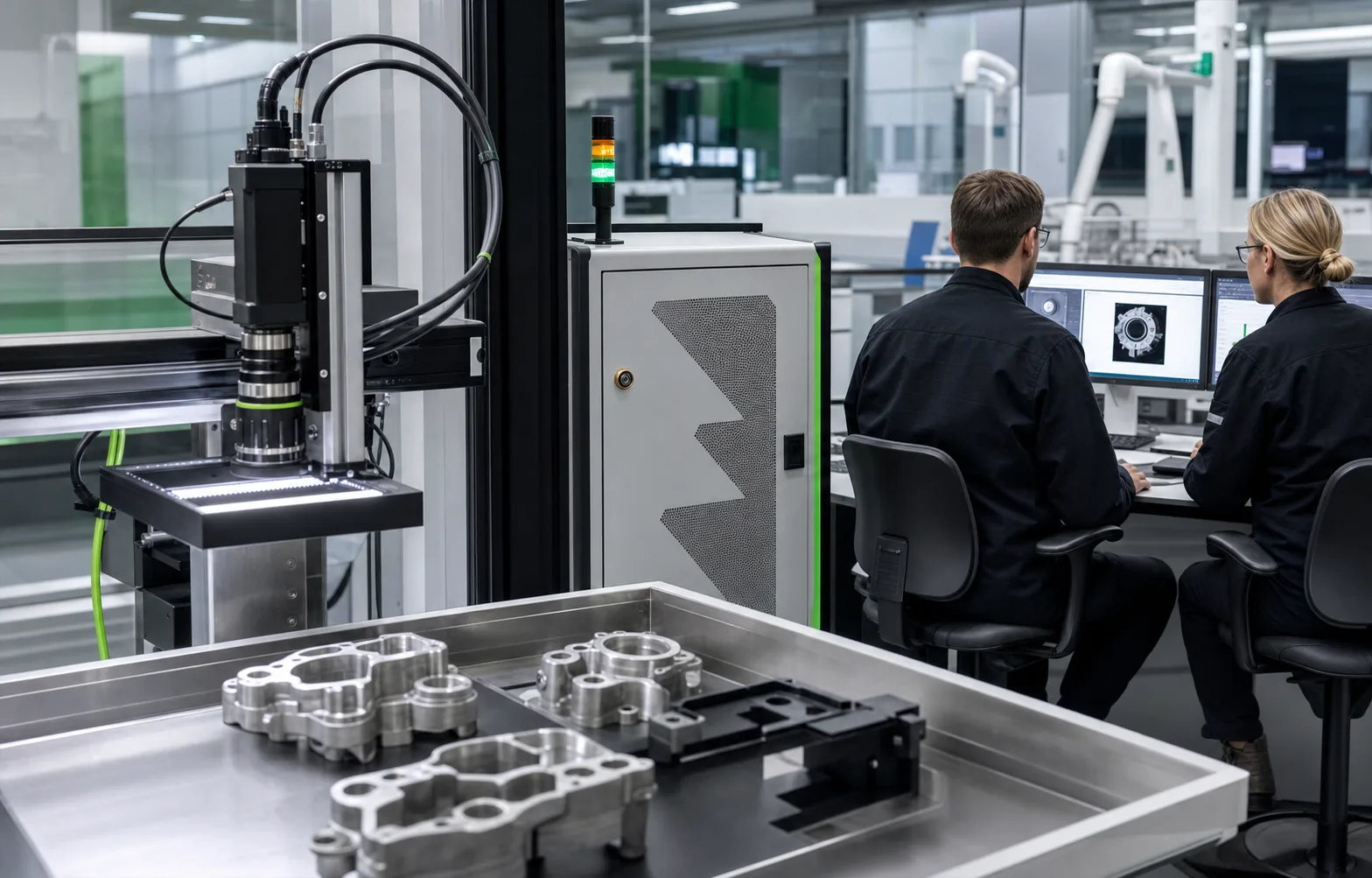 Engineers operating a private AI machine-vision inspection system in an advanced manufacturing lab