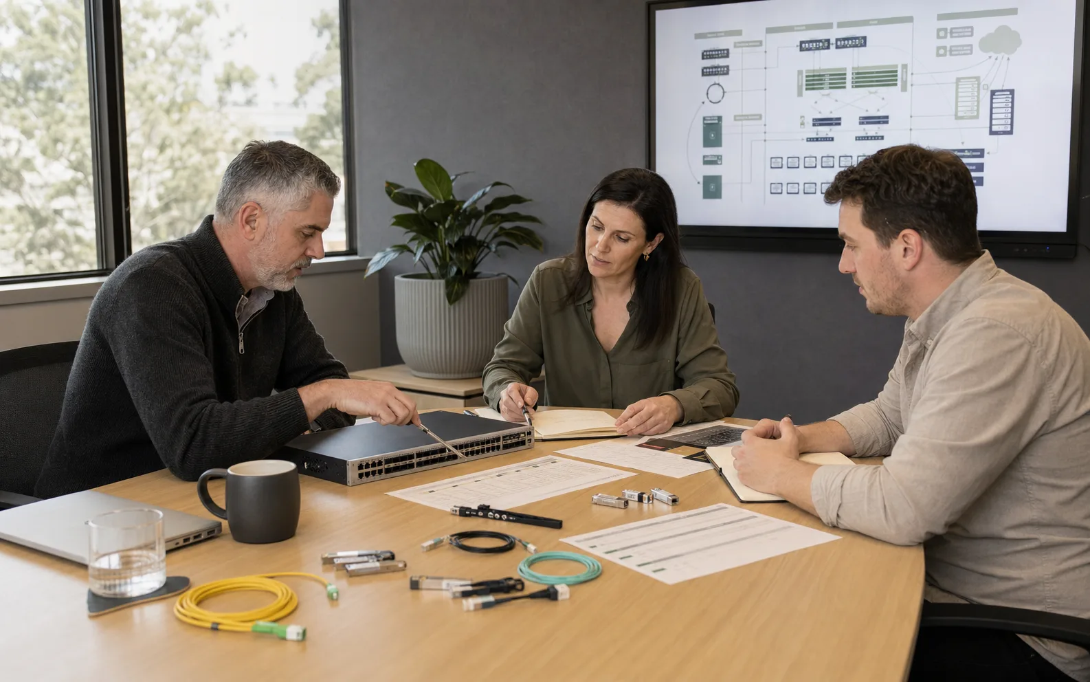 Network, procurement, and operations specialists reviewing equipment and acceptance evidence together