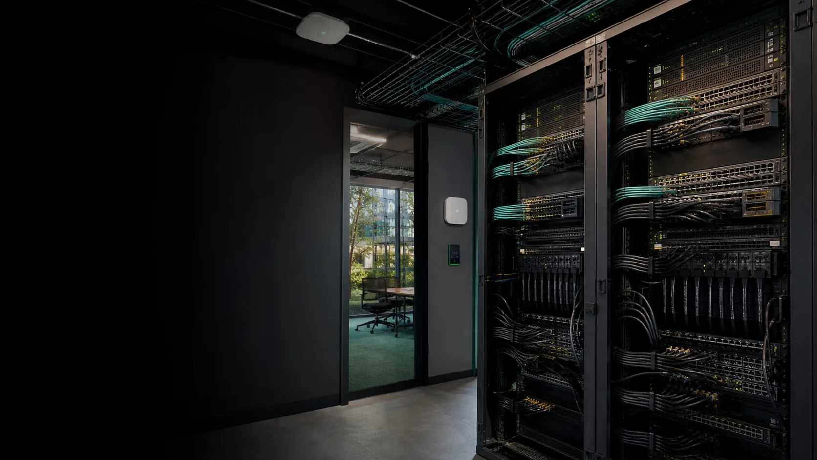 Open networking switches and wireless infrastructure installed in a modern enterprise campus communications room