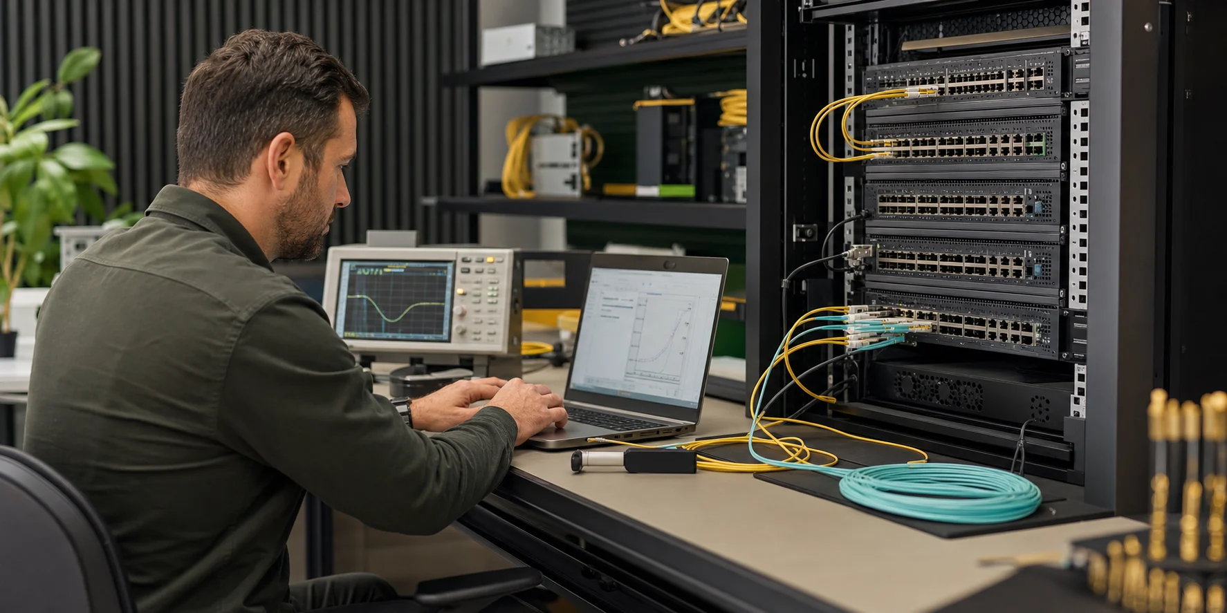 Illustrative network engineer reviewing switch and optical test results at a validation bench