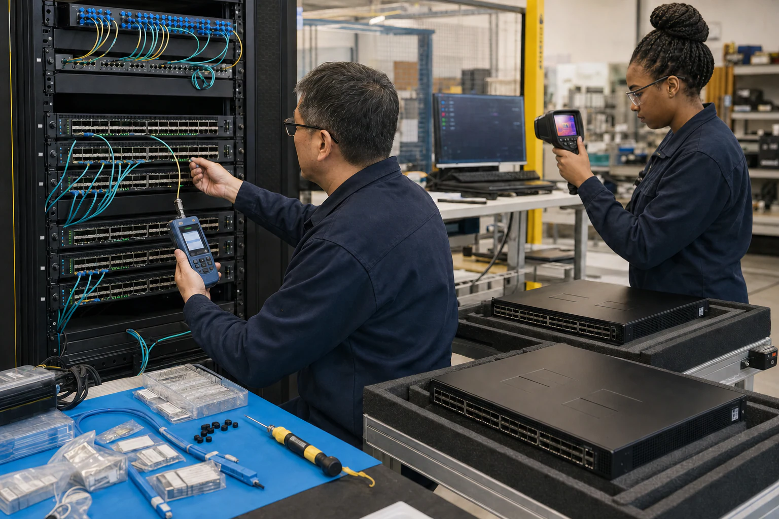 an engineer testing enterprise open-networking switches for “2T Ethernet Switch Enters Volume Production: What It Means for AI Cloud Deployments”
