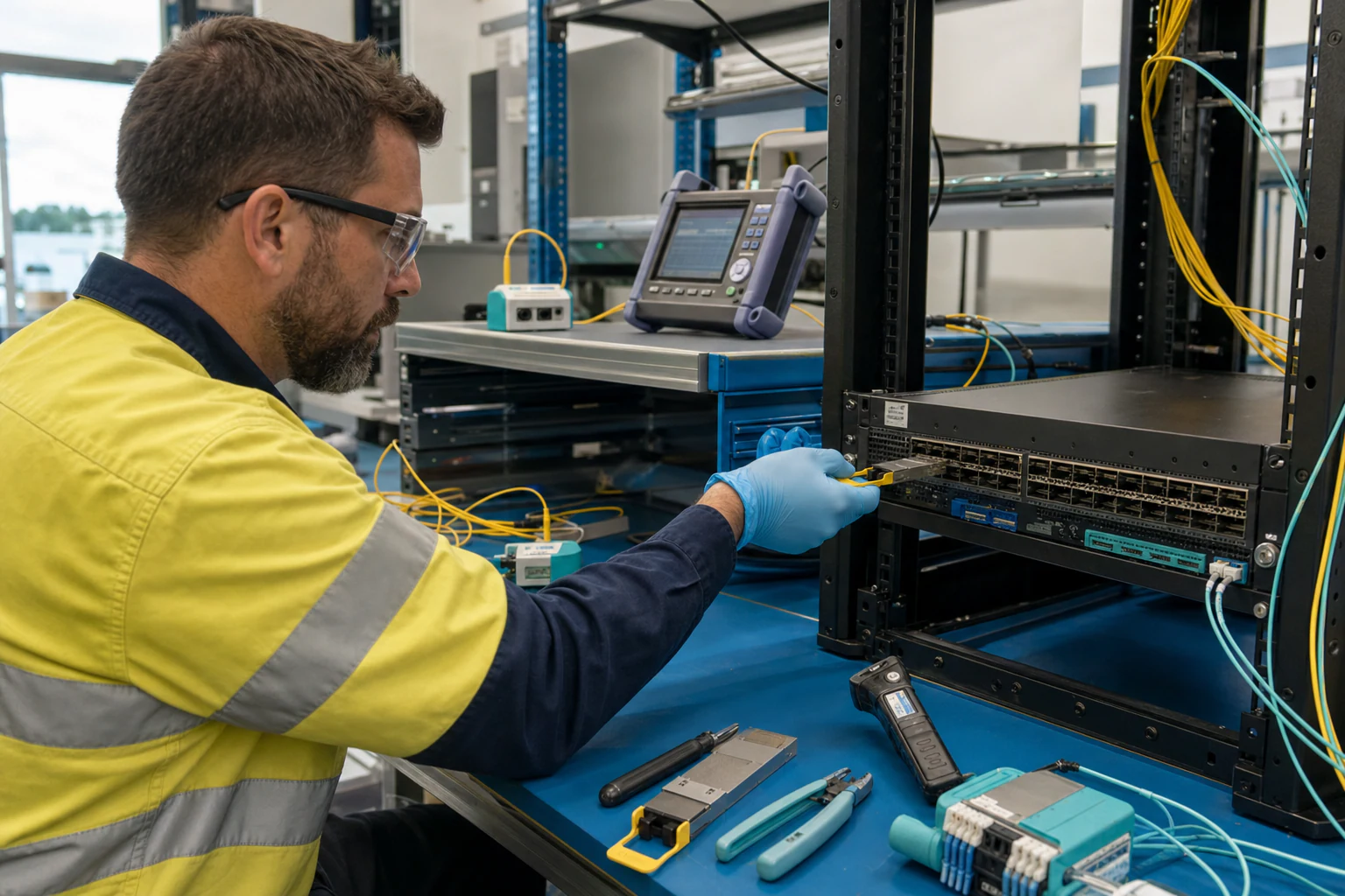 an engineer validating high-speed optical networking equipment for “400G and 800G Optics Validation Before Order Release”