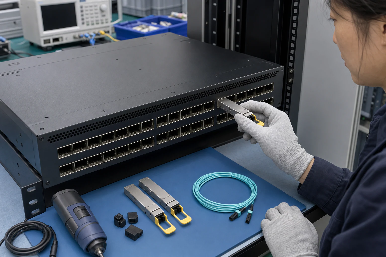 an engineer validating high-speed optical networking equipment for “400G and 800G Optical Transceiver Planning for Australian Data Centers: What Network...