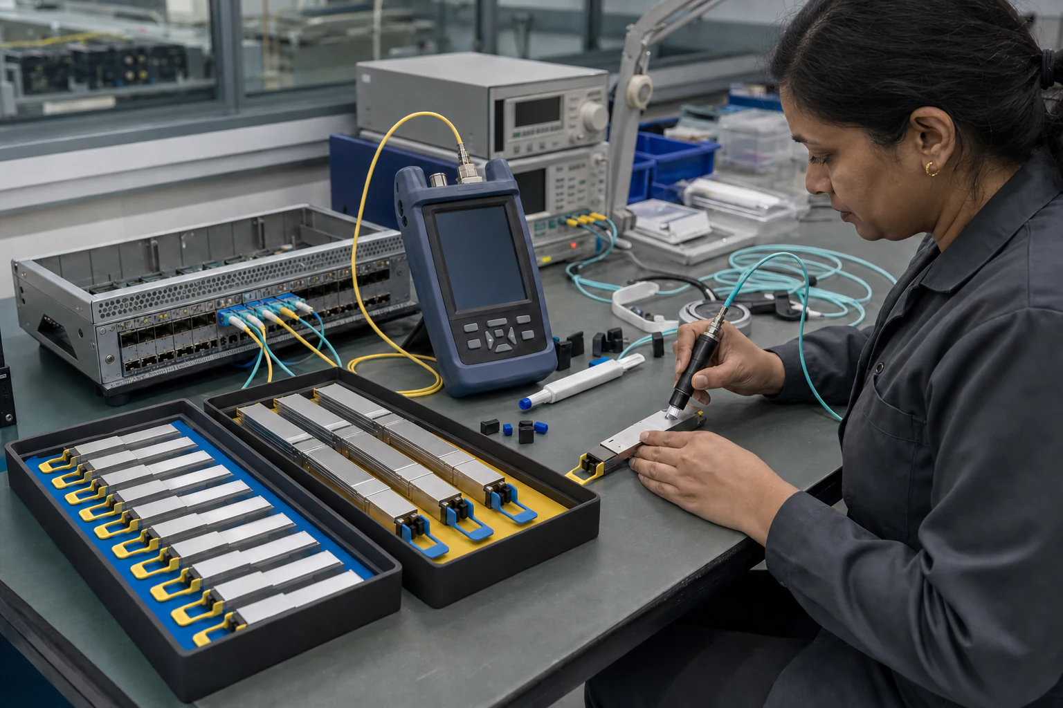 an engineer validating high-speed optical networking equipment for “400G and 800G Optical Transceiver Planning for Australian Security Operations”