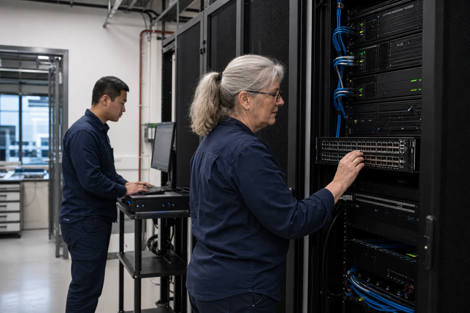 an engineer testing enterprise open-networking switches for “400G Spine-Leaf Switch Design for Enterprise SONiC Fabrics: A Deployment Playbook”