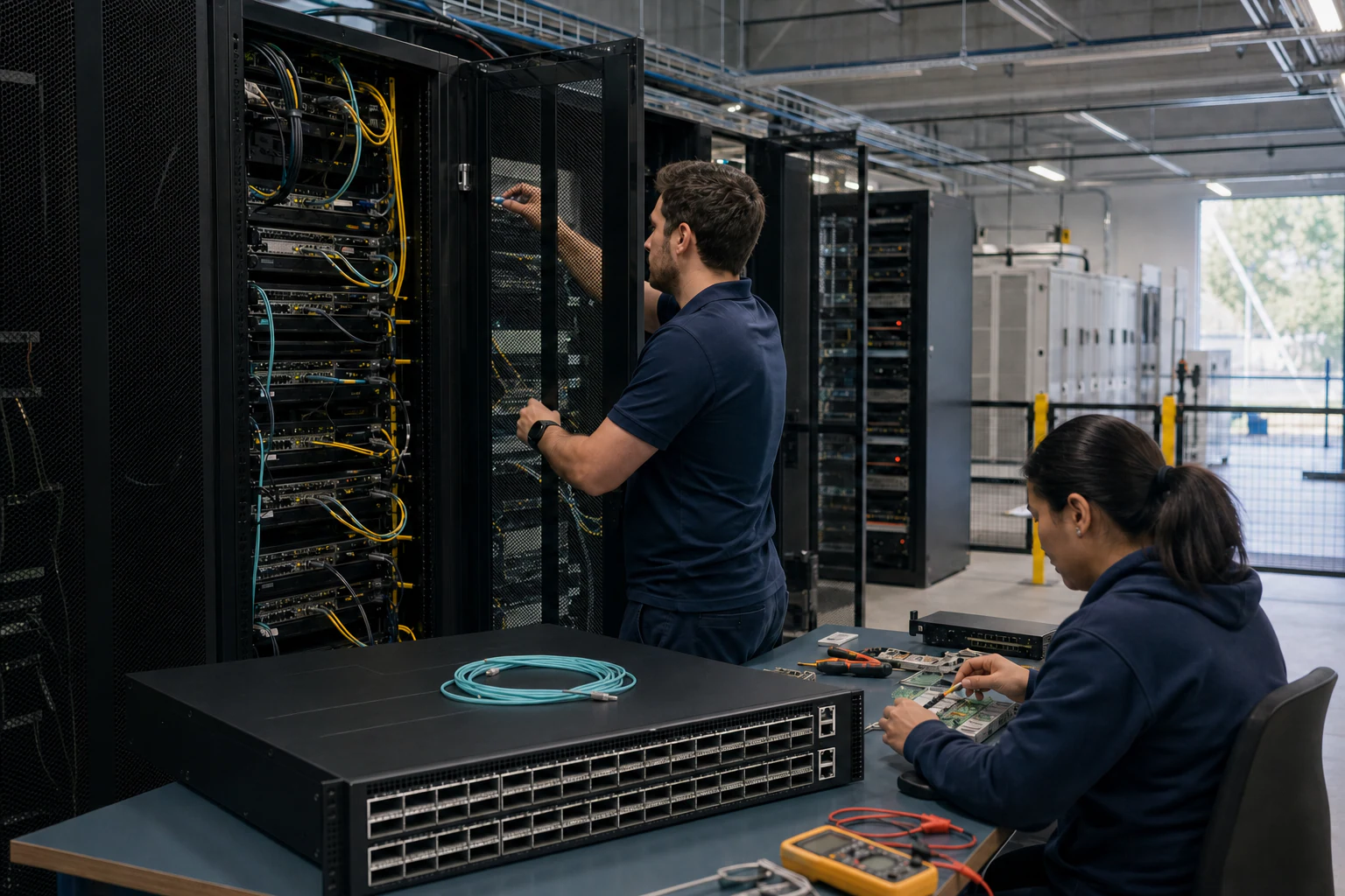 an engineer commissioning a high-speed Ethernet AI fabric for “800G SONiC Switches Are Reshaping AI Data Center Fabric Economics: What Australian Buyers...