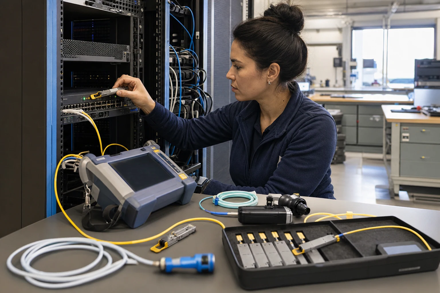 an engineer validating high-speed optical networking equipment for “Australia's 800G and 400G Optics Gap: What the Local Cabling Market Reveals About Hi...
