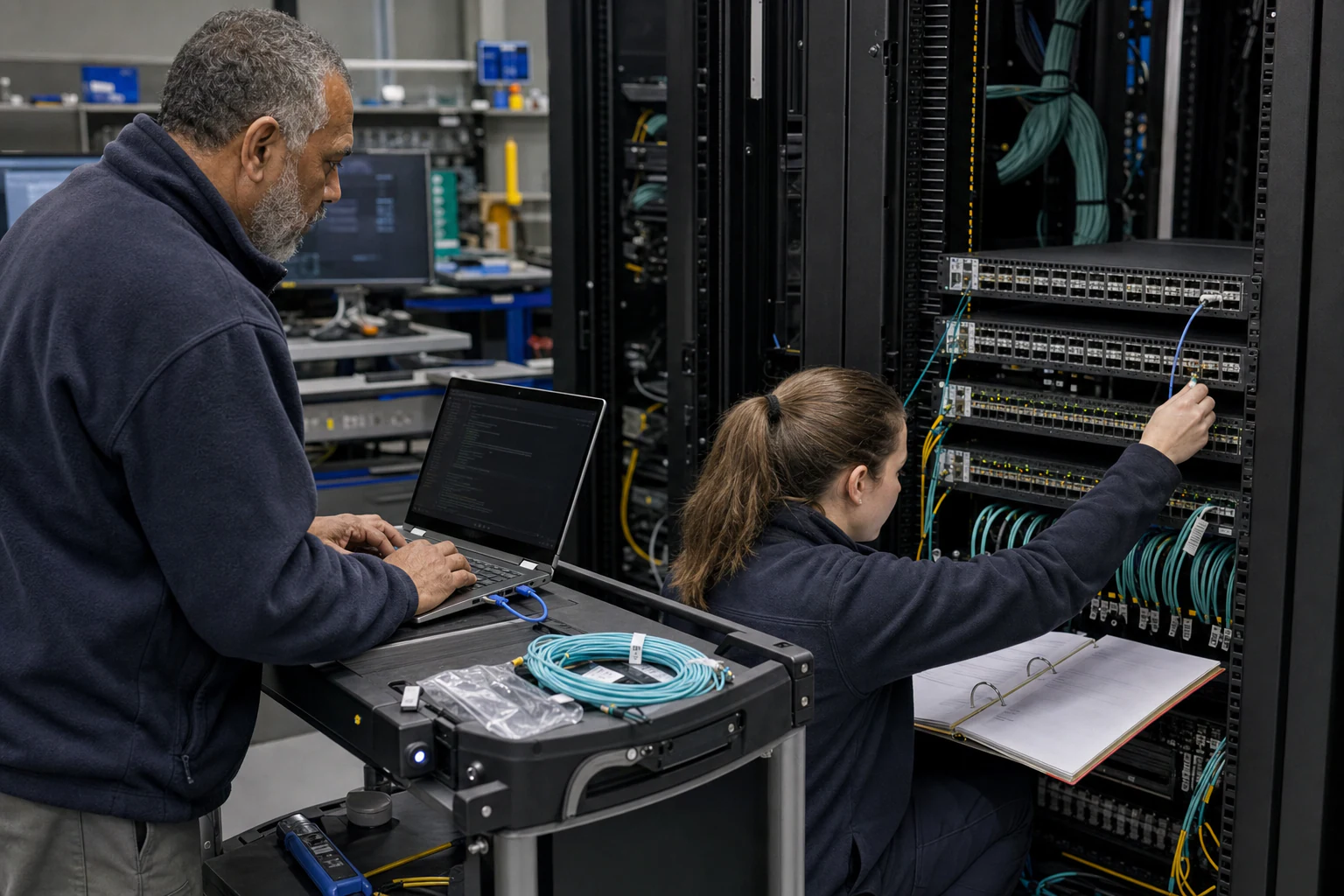 network engineers validating and automating data-centre switches for “Australian CIO Infrastructure Teams Need an Operations Runbook for Open Networking...