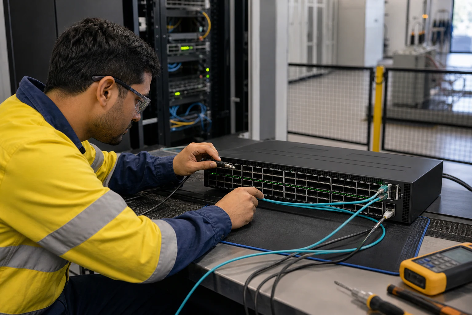 an engineer testing enterprise open-networking switches for “Australian-Made SONiC Switch Export for Global Deployments”