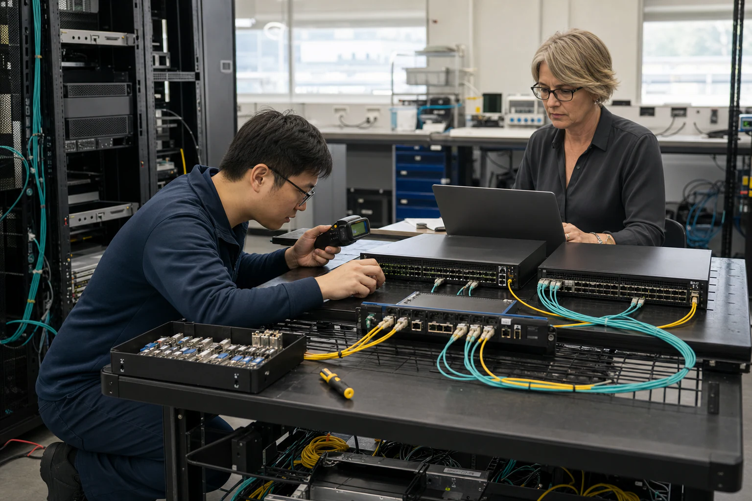 an engineer testing enterprise open-networking switches for “Breaking Free: A CIO and Network Architect Guide to Reducing Data Center Switch Lock-In”