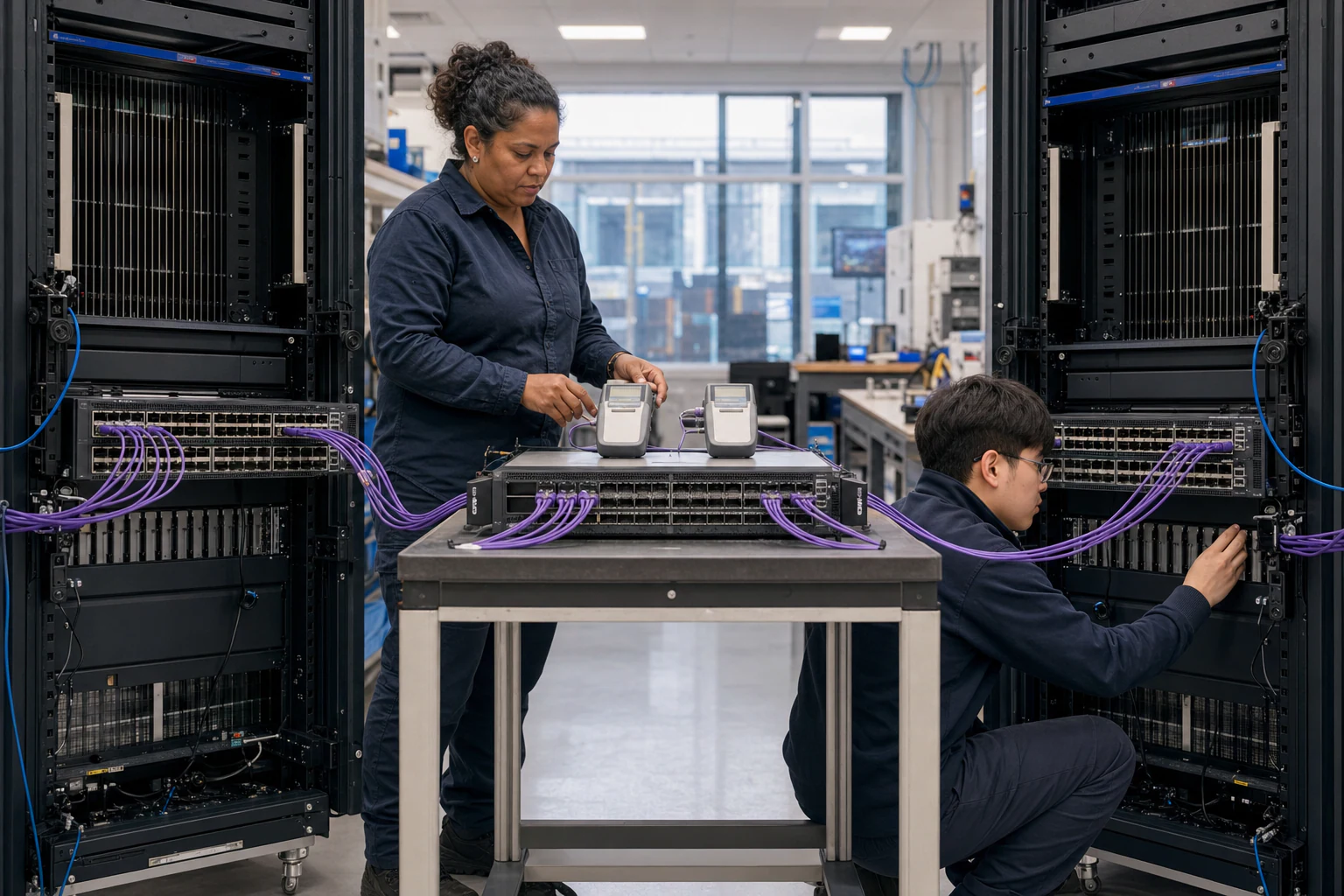 an engineer testing enterprise open-networking switches for “Broadcom vs Marvell Switch Silicon for SONiC: Buyer Decision Guide for Australian Data Cent...