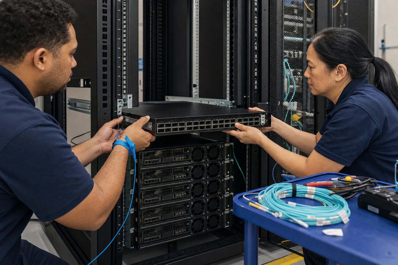an engineer testing enterprise open-networking switches for “Building AI Clusters on NVIDIA Spectrum Ethernet Switches with SONiC: An Australian Technic...