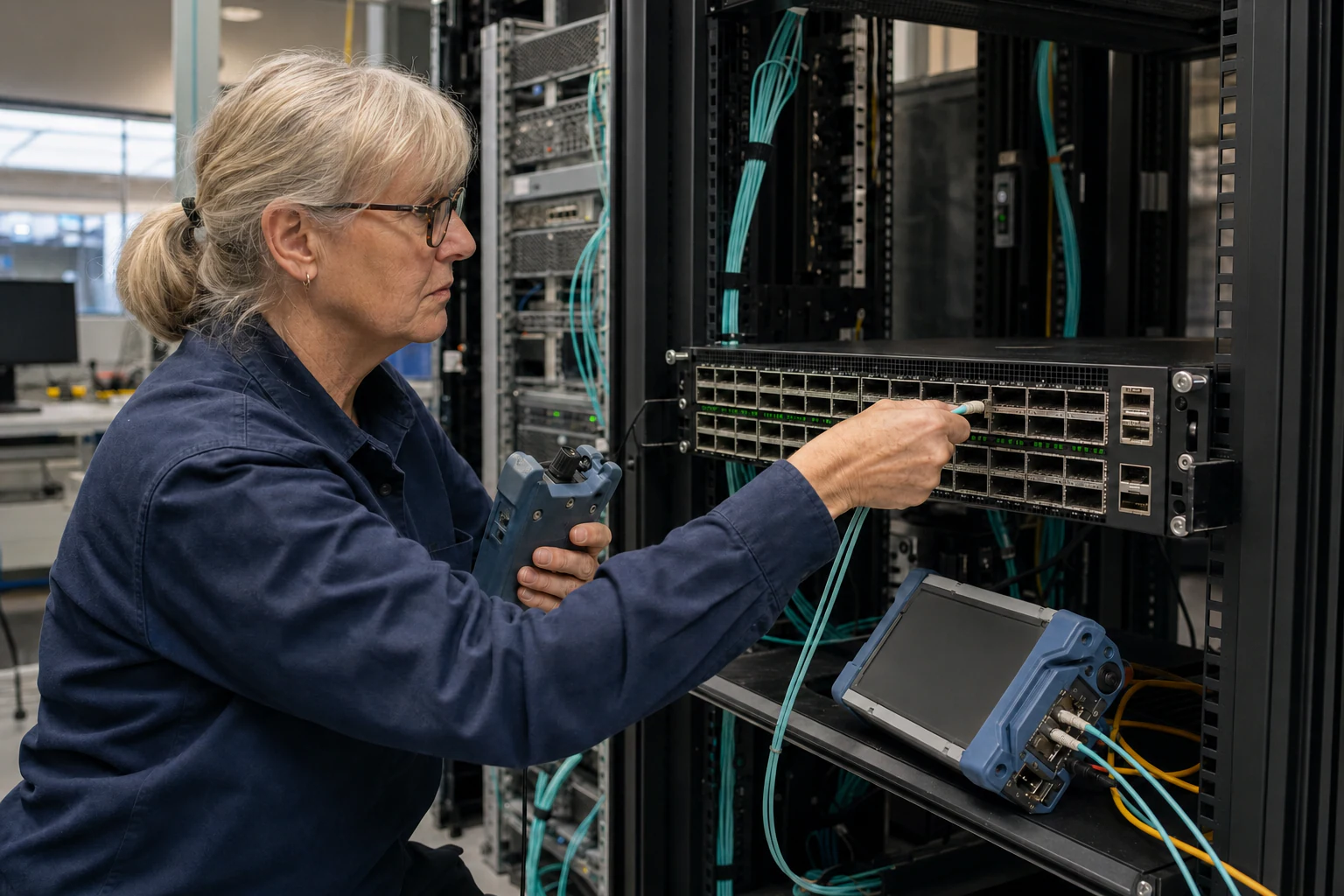 an engineer commissioning a high-speed Ethernet AI fabric for “Building AI Fabric Networks with SONiC: Ethernet Switching Requirements for GPU Clusters”