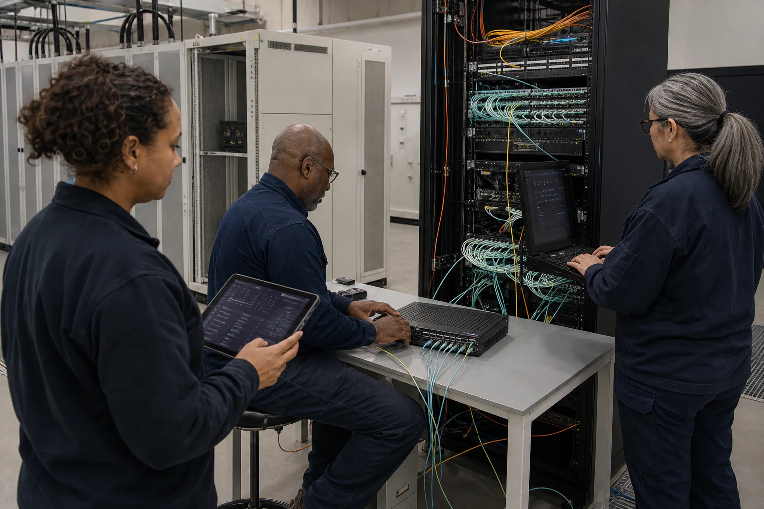 network engineers validating and automating data-centre switches for “Cisco, Arista, and Juniper Alternative Evaluation Checklist for Open Networking Bu...