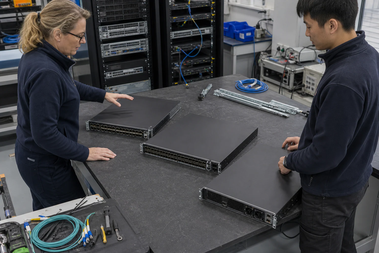 an engineer testing enterprise open-networking switches for “Cisco, Arista, and Juniper Alternatives: A Practical Buyer Guide to Open Networking in 2026”