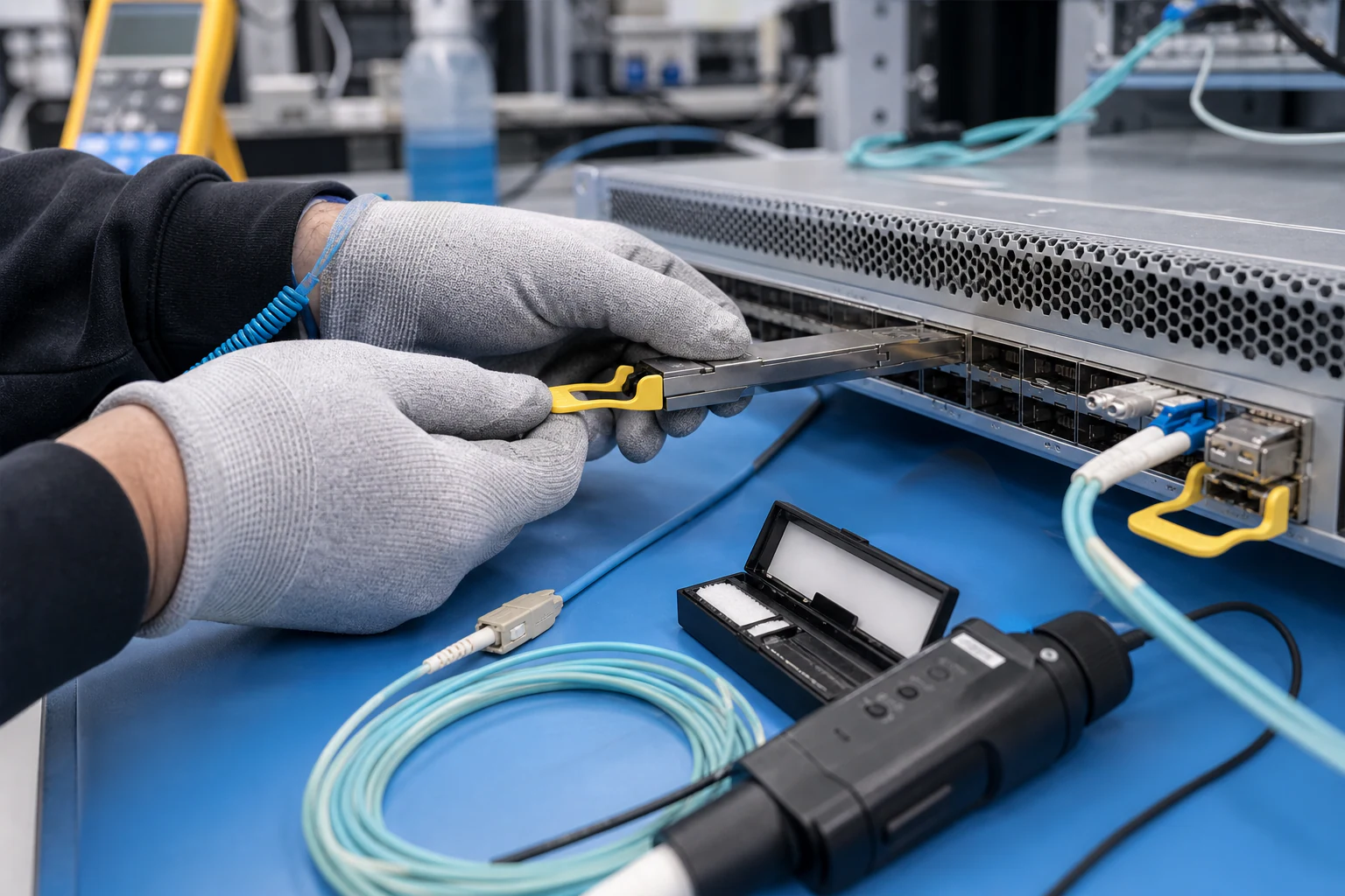 an engineer validating high-speed optical networking equipment for “Co-Packaged Optics for AI Networking: What Australian Data Center Buyers Should Watch”