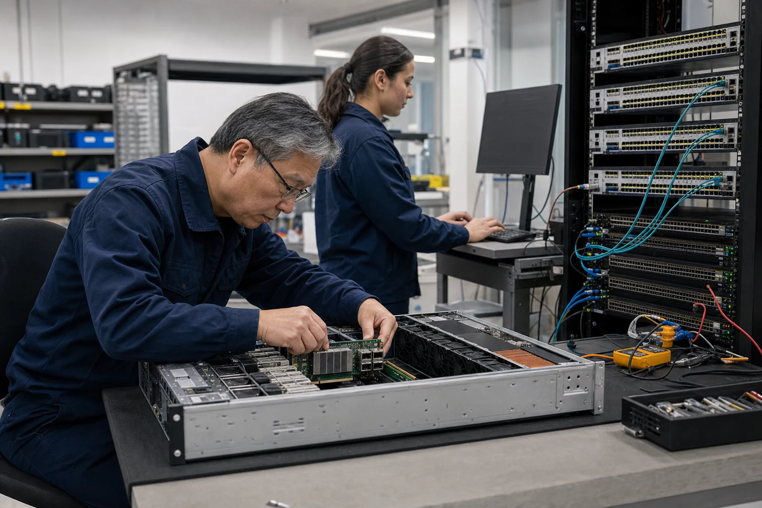 an engineer testing enterprise open-networking switches for “ConnectX Ethernet NICs: Purpose-Built Network Acceleration for AI and Cloud Workloads”