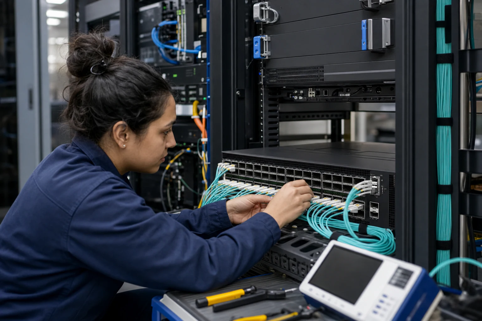 an engineer commissioning a high-speed Ethernet AI fabric for “Designing GPU Backend Fabrics with RoCE v2: How SONiC 400G/800G Switches Transform AI Dat...
