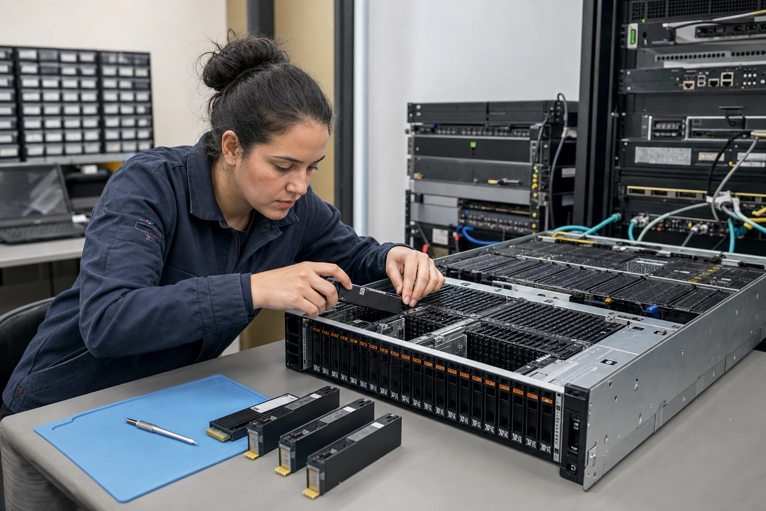 an engineer working with enterprise NVMe storage hardware for “Enterprise NVMe SSD Form Factors for AI Storage and Cloud Workloads: A Buyer's Guide”