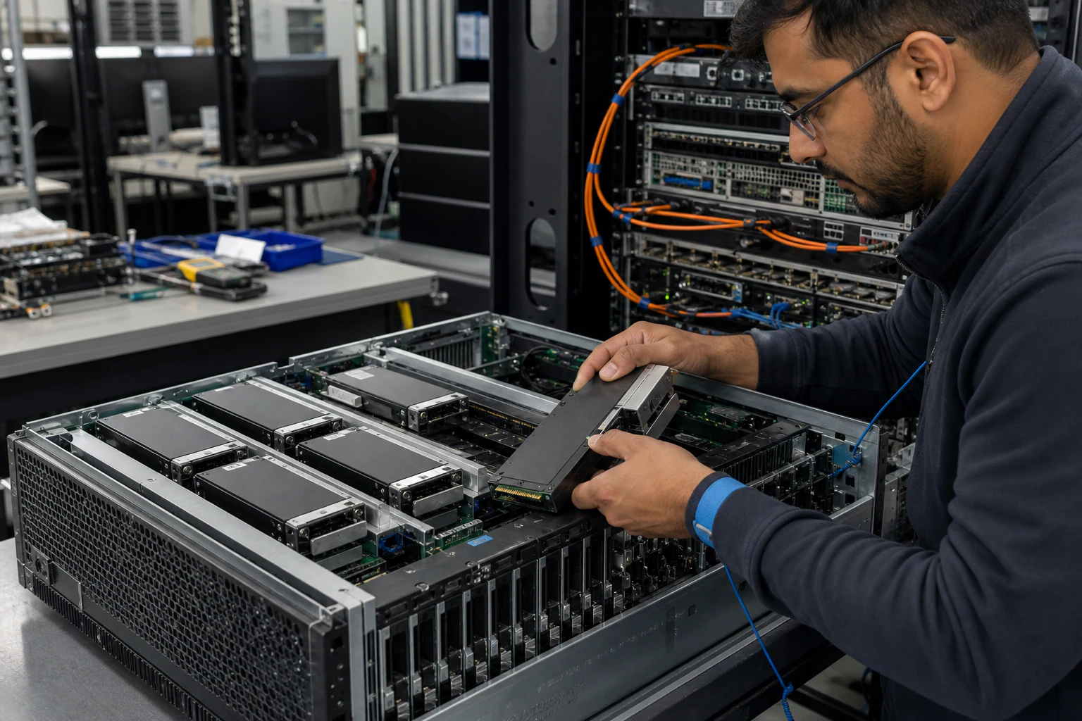 an engineer working with enterprise NVMe storage hardware for “Enterprise NVMe SSD Form Factors in 2026: What Australian Data Center Teams Need to Know...