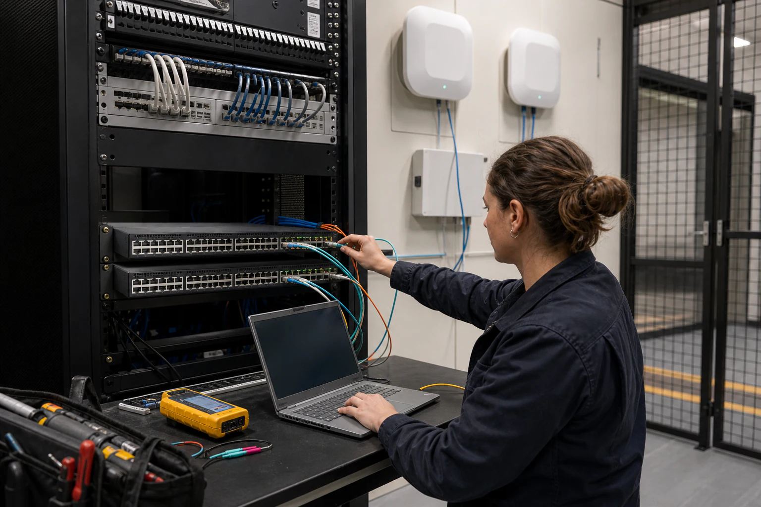 a campus network engineer commissioning enterprise access infrastructure for “Enterprise SONiC on the Campus: Why Open Networking Is Moving Beyond the D...