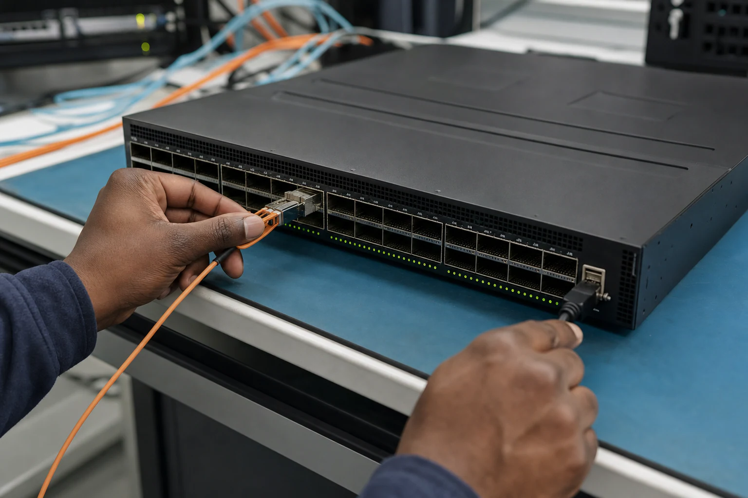 an engineer testing enterprise open-networking switches for “Enterprise SONiC Support Models: What Australian Network Buyers Need to Know in 2026”