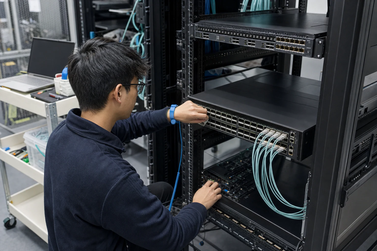 an engineer testing enterprise open-networking switches for “Ethernet Switch Selection for AI and HPC Clusters: A Deployment Playbook for Australian Dat...