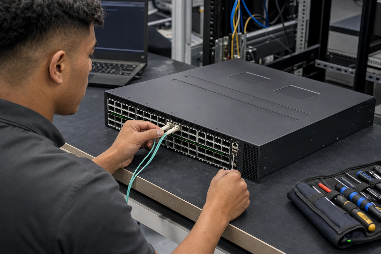 an engineer testing enterprise open-networking switches for “Evaluating Bare Metal Switches for Custom NOS in 2025: What Australian Network Teams Need t...