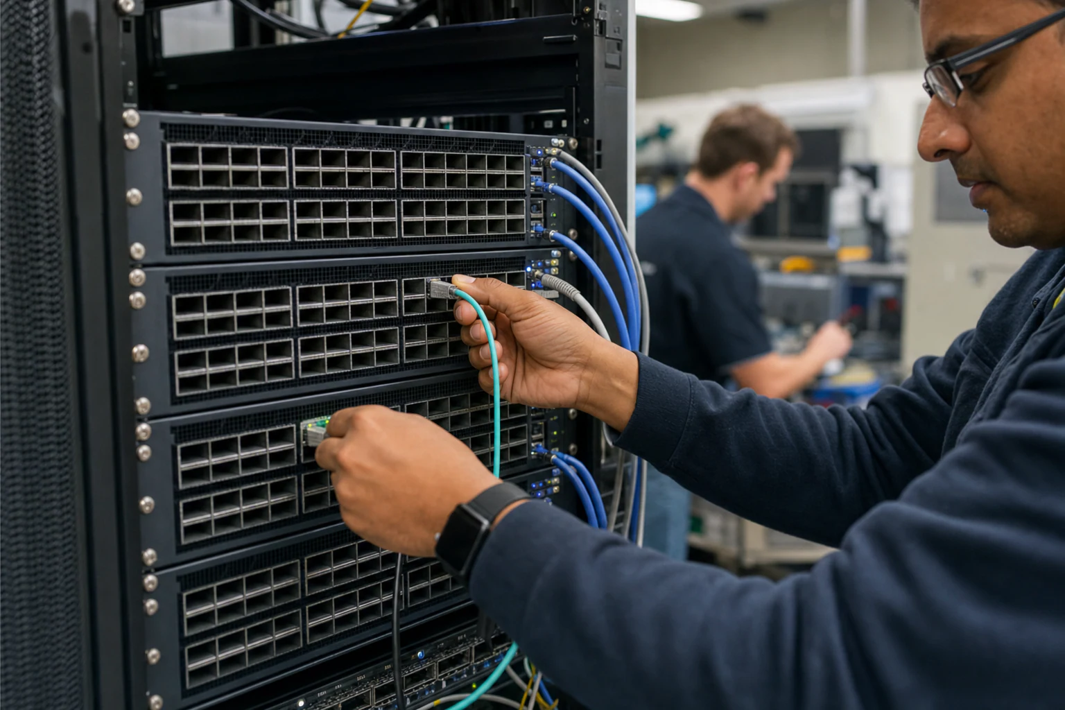 an engineer testing enterprise open-networking switches for “EVPN-VXLAN on SONiC Switches: What Australian Network Teams Need to Know About Configuratio...