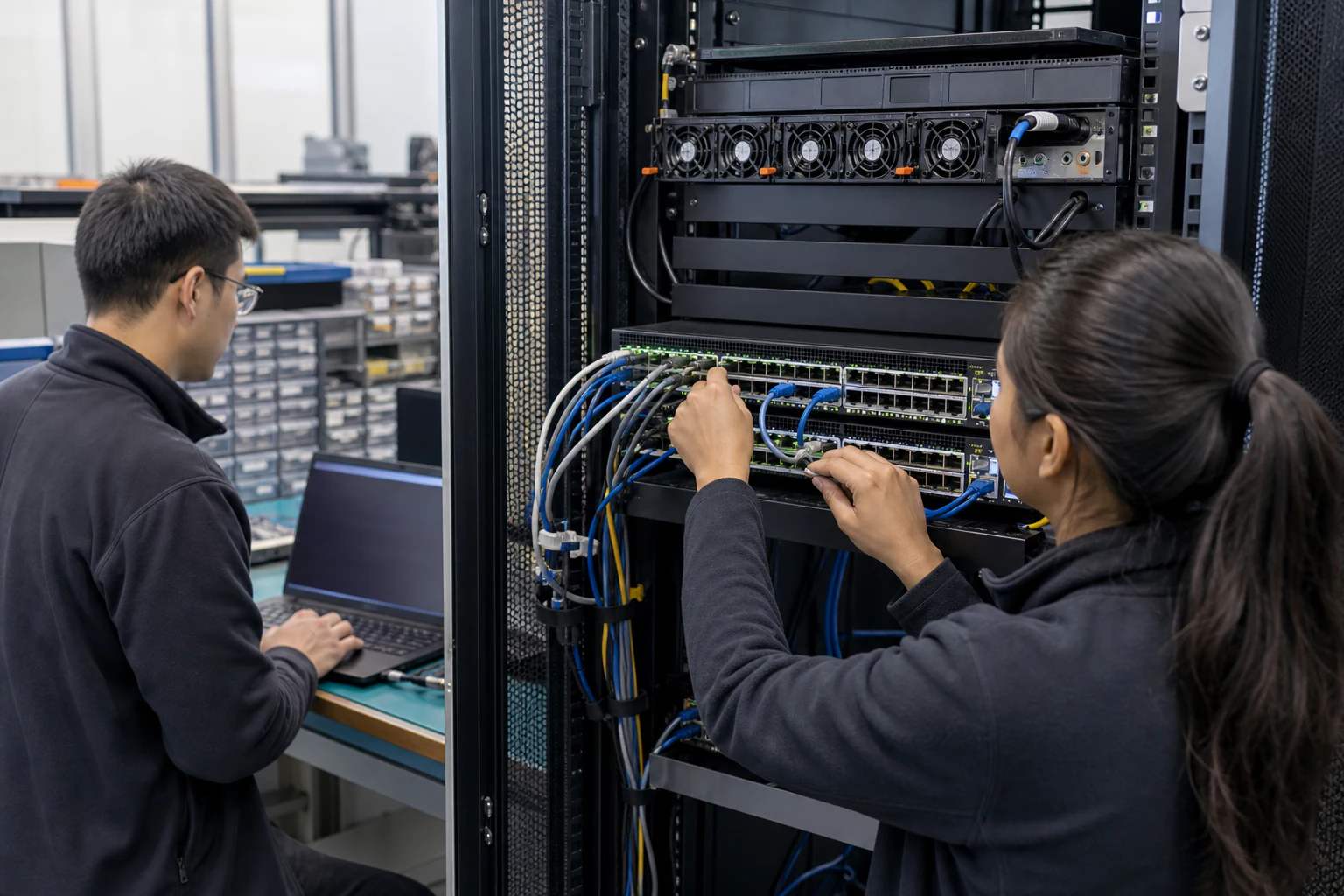 an engineer testing enterprise open-networking switches for “From Proprietary Lock-In to Open Networking: A Practical Enterprise SONiC Migration Playbook”