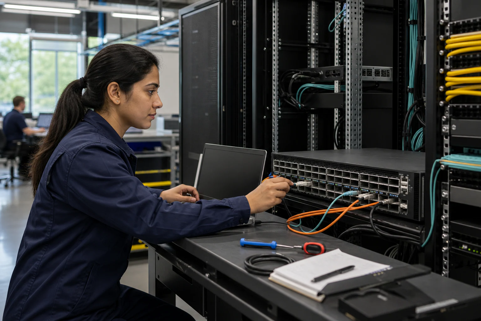 an engineer testing enterprise open-networking switches for “High-Performance ConnectX Ethernet NICs: Accelerating AI and Cloud Infrastructure for Austr...