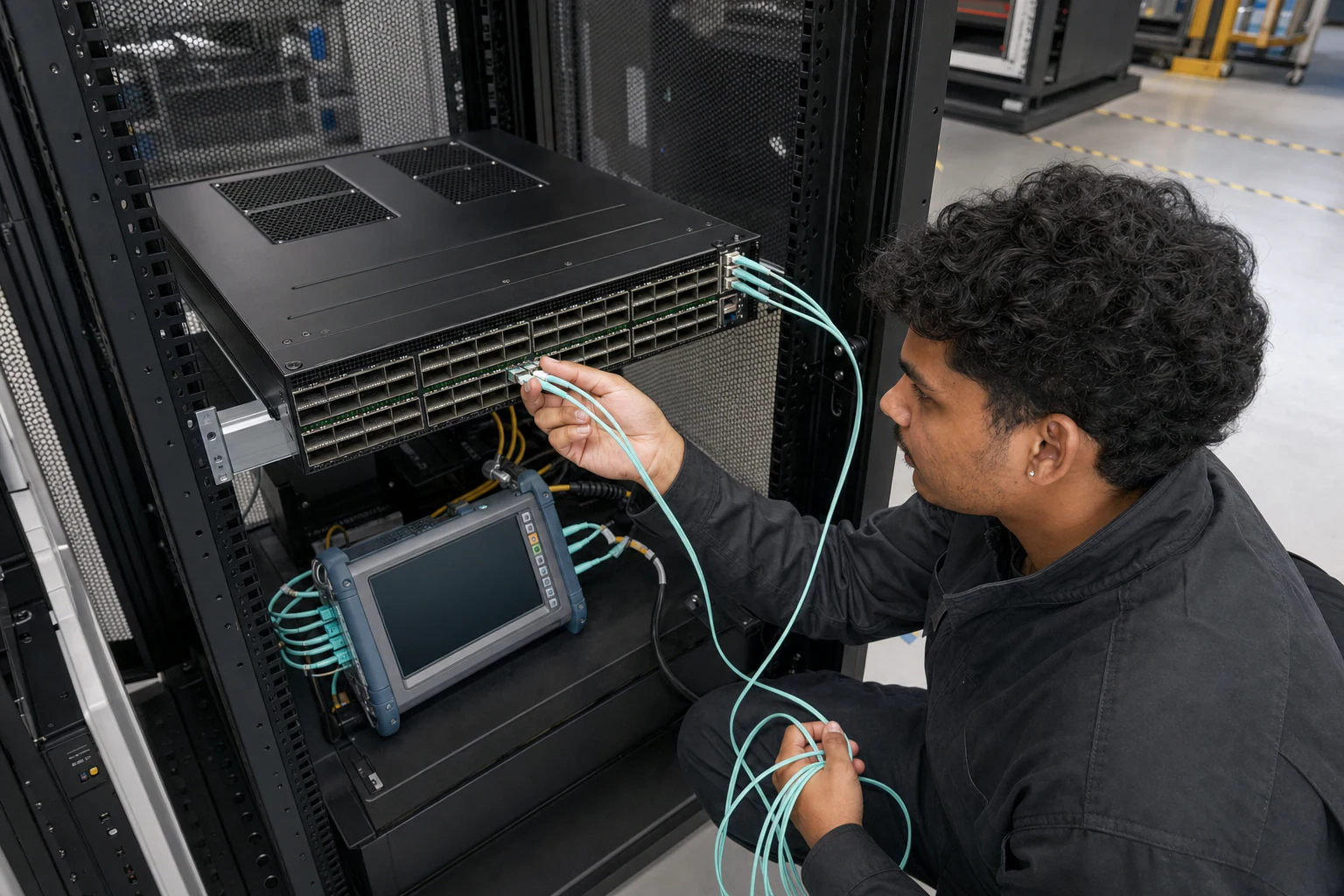 an engineer commissioning a high-speed Ethernet AI fabric for “How NVIDIA BlueField DPU Is Redefining AI Data Centre Infrastructure”