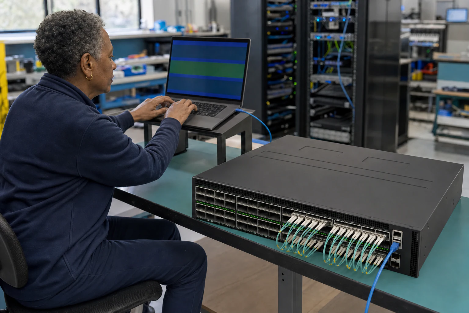 an engineer testing enterprise open-networking switches for “How NVIDIA Spectrum-6 Ethernet Switches Scale Rubin-Based AI Factories - An Open Networking...