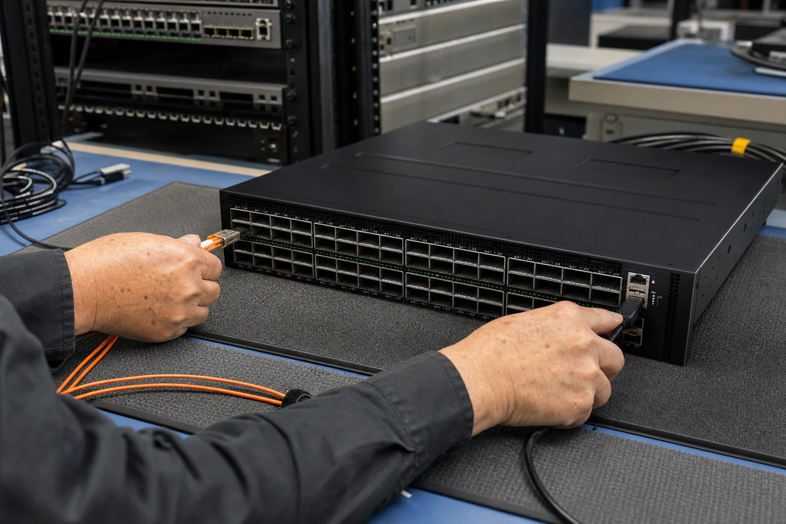 an engineer testing enterprise open-networking switches for “How Open NOS Options Like SONiC Are Reshaping Data Center Switch Lock-In Calculations for N...