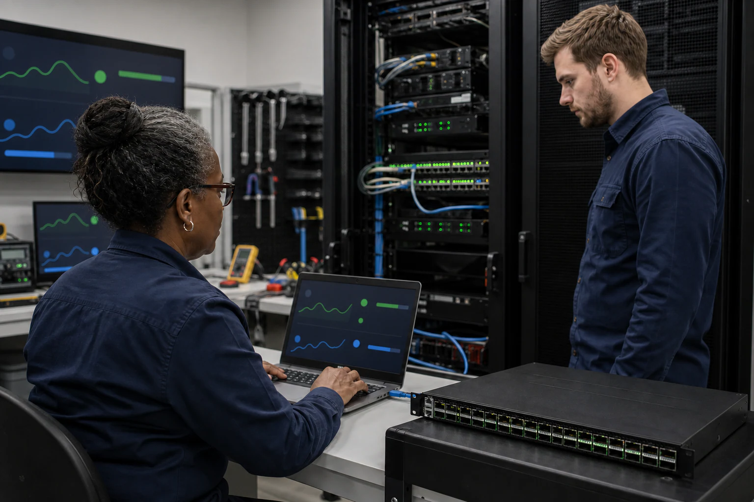 network engineers validating and automating data-centre switches for “How SONiC Switch Telemetry Automation Cuts Mean Time to Resolution in Enterprise D...