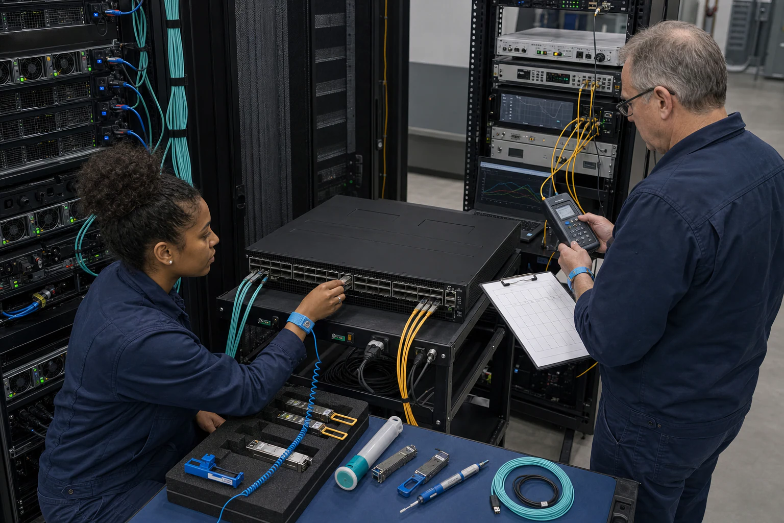 an engineer commissioning a high-speed Ethernet AI fabric for “How to Build a Procurement Scorecard for AI Fabric RoCE v2 Deployment in Australian GPU C...