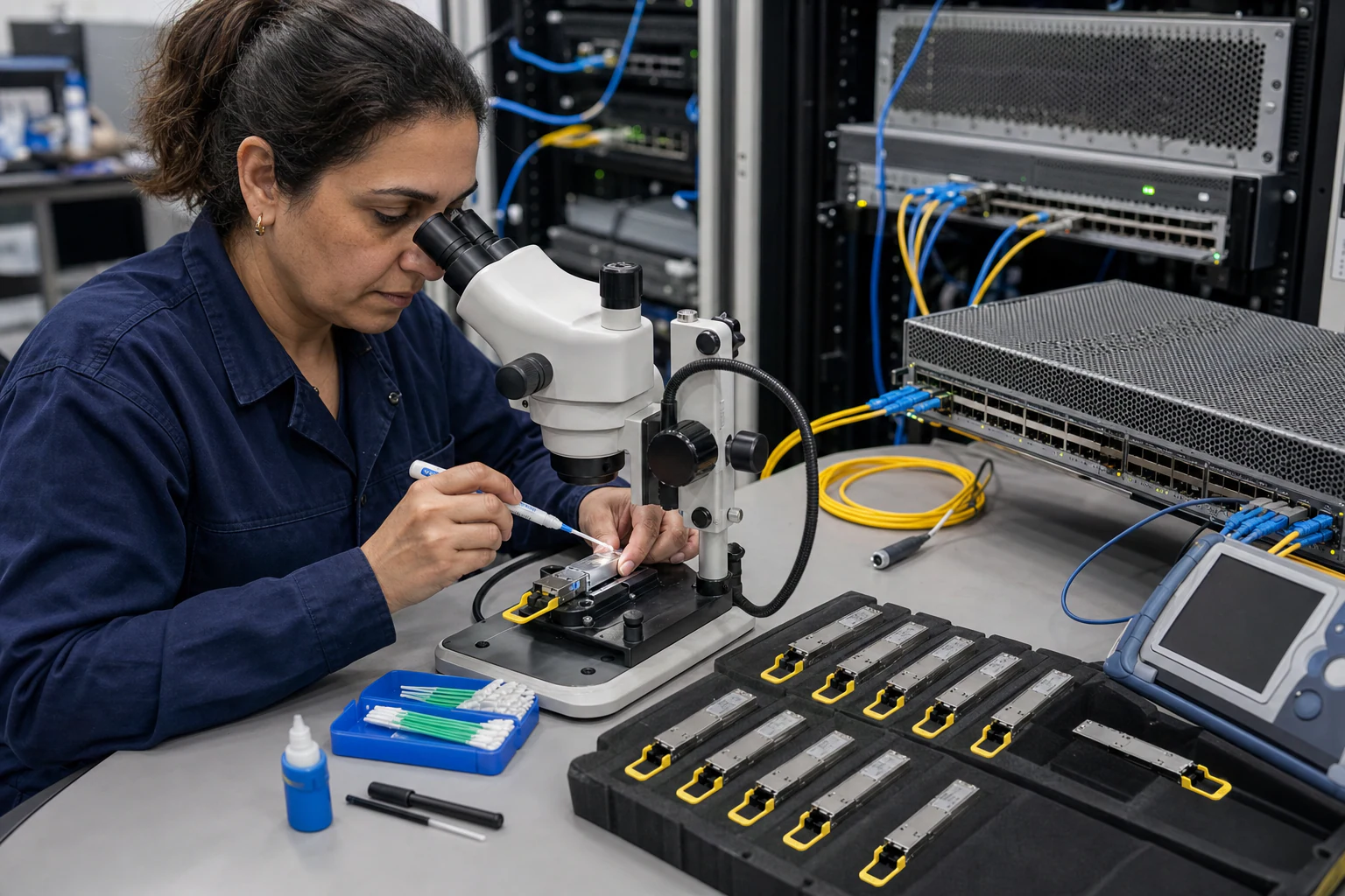 an engineer validating high-speed optical networking equipment for “How to Choose 400G and 800G Optics for SONiC Data Center Fabrics: A Buyer's Framework”