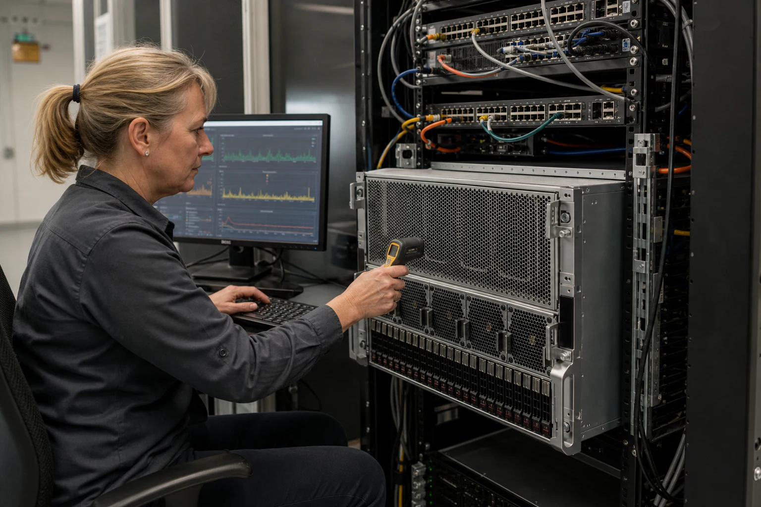 an engineer operating an on-premises AI inference server for “InfiniBand vs Ethernet for Private AI: A Decision Framework for Enterprise Buyers”