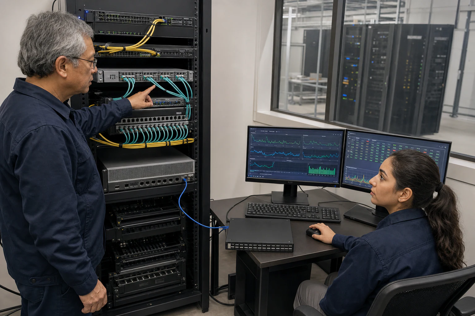 network engineers validating traffic visibility and security monitoring infrastructure for “INT Telemetry and Path Visibility for AI Data Center Switche...