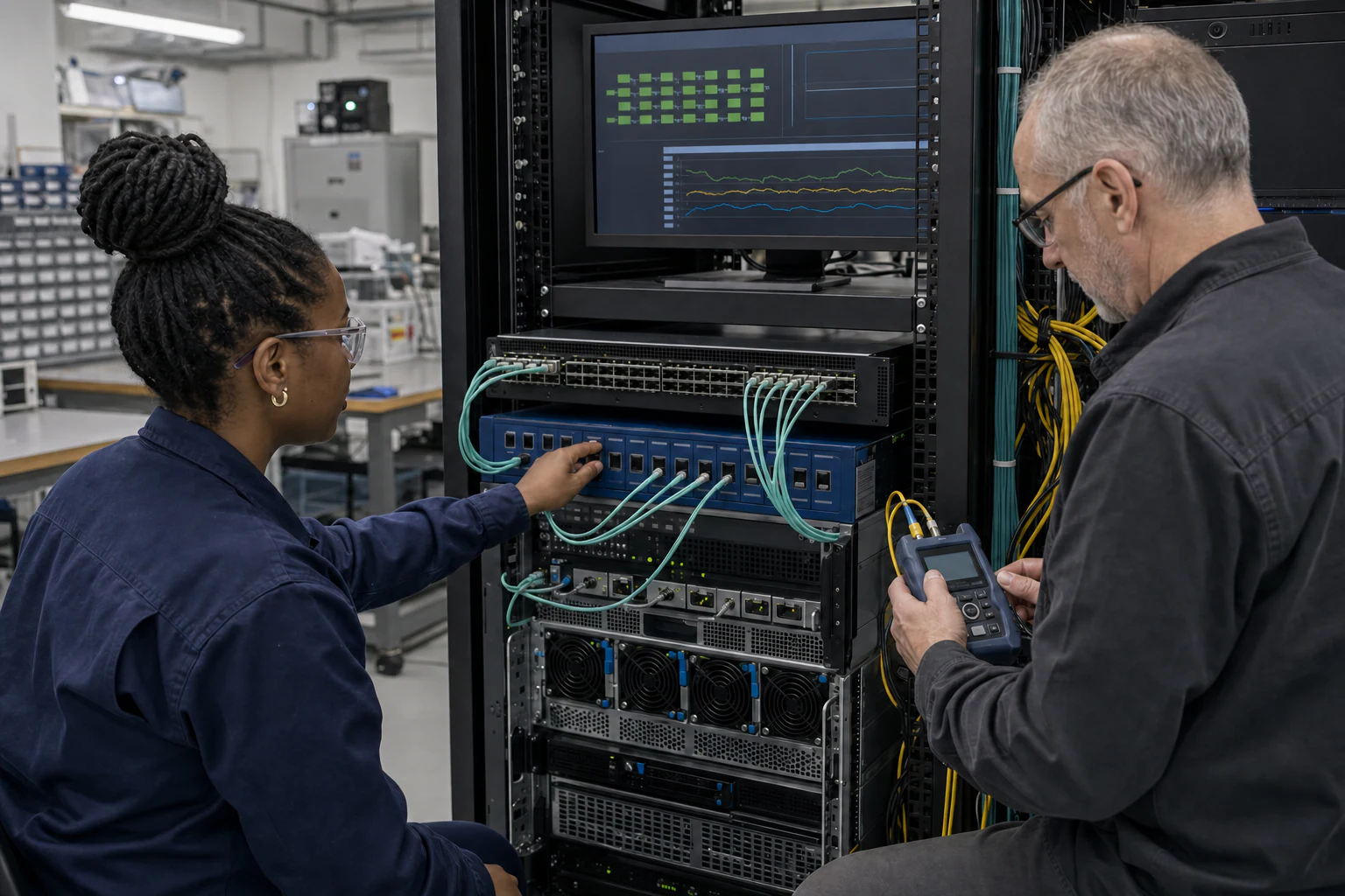 an engineer commissioning a high-speed Ethernet AI fabric for “Lab Test Playbook: Evaluating NVIDIA Ethernet Switching and SONiC-Based AI Cluster Fabric...