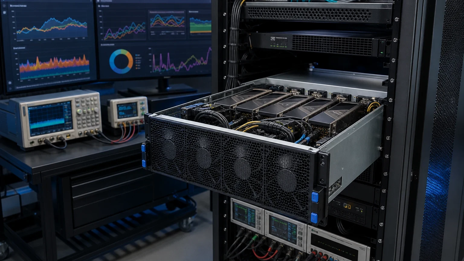 Rackmount AI inference appliance under benchmark with latency, throughput, power and thermal measurement equipment
