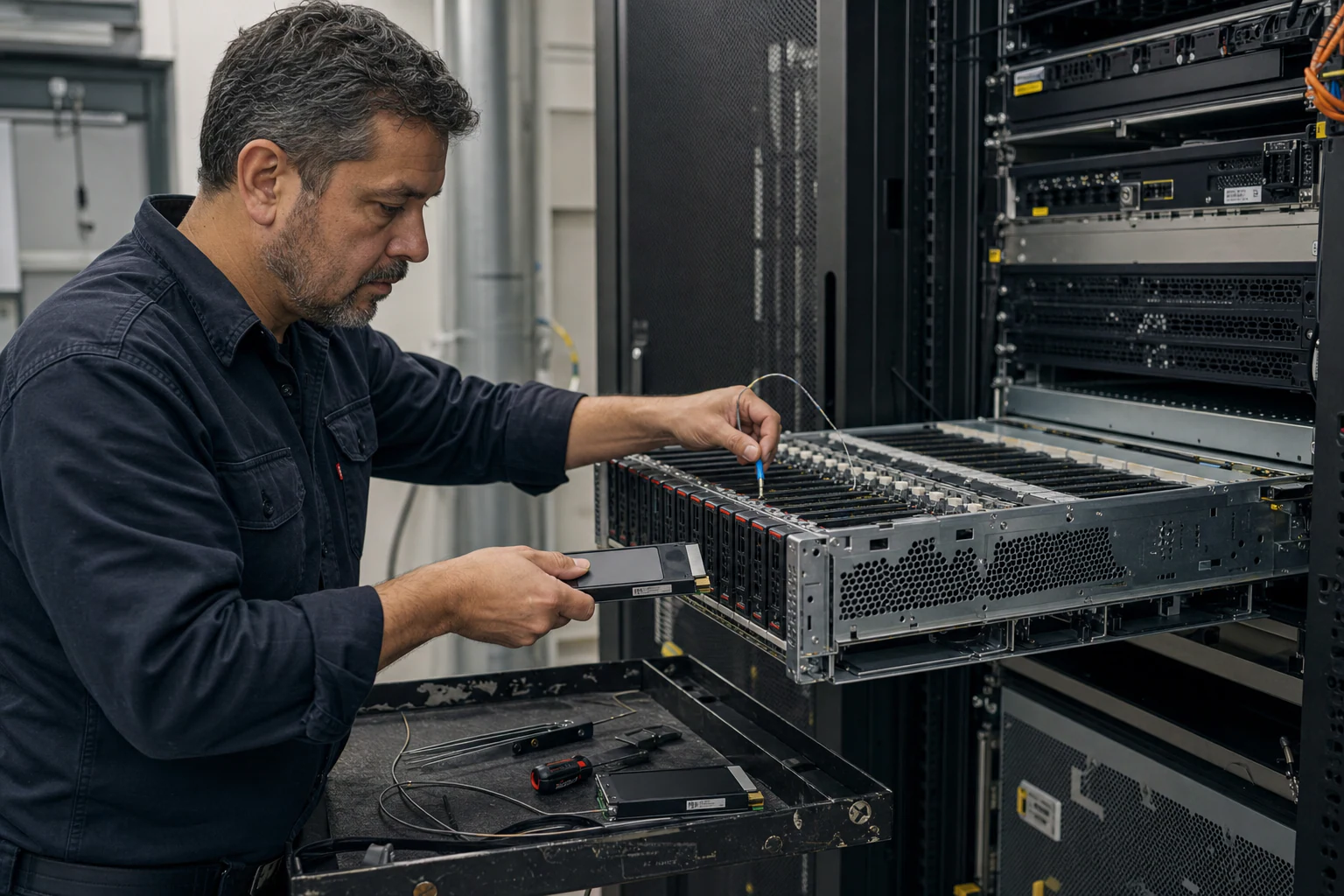 an engineer working with enterprise NVMe storage hardware for “Network and Storage Planning for Private AI Inference Servers: A Practical Buyer Guide”