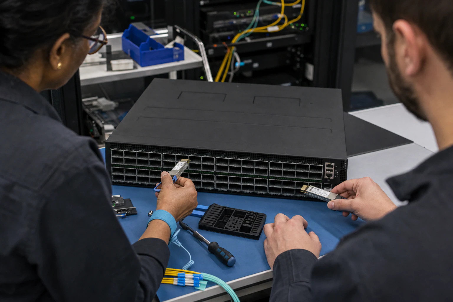 an engineer testing enterprise open-networking switches for “NVIDIA Ethernet Switching for AI Clusters: How Open-Source NOS Choices Shape Your Networkin...