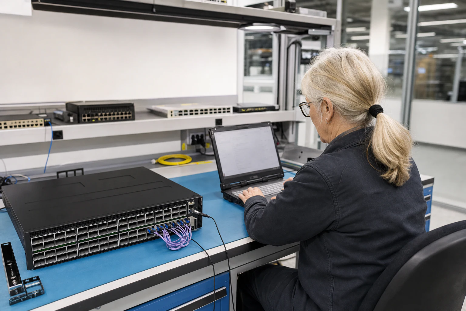 an engineer testing enterprise open-networking switches for “NVIDIA Ethernet Switching for AI Clusters: What the Spectrum-X Push Means for Open Networki...