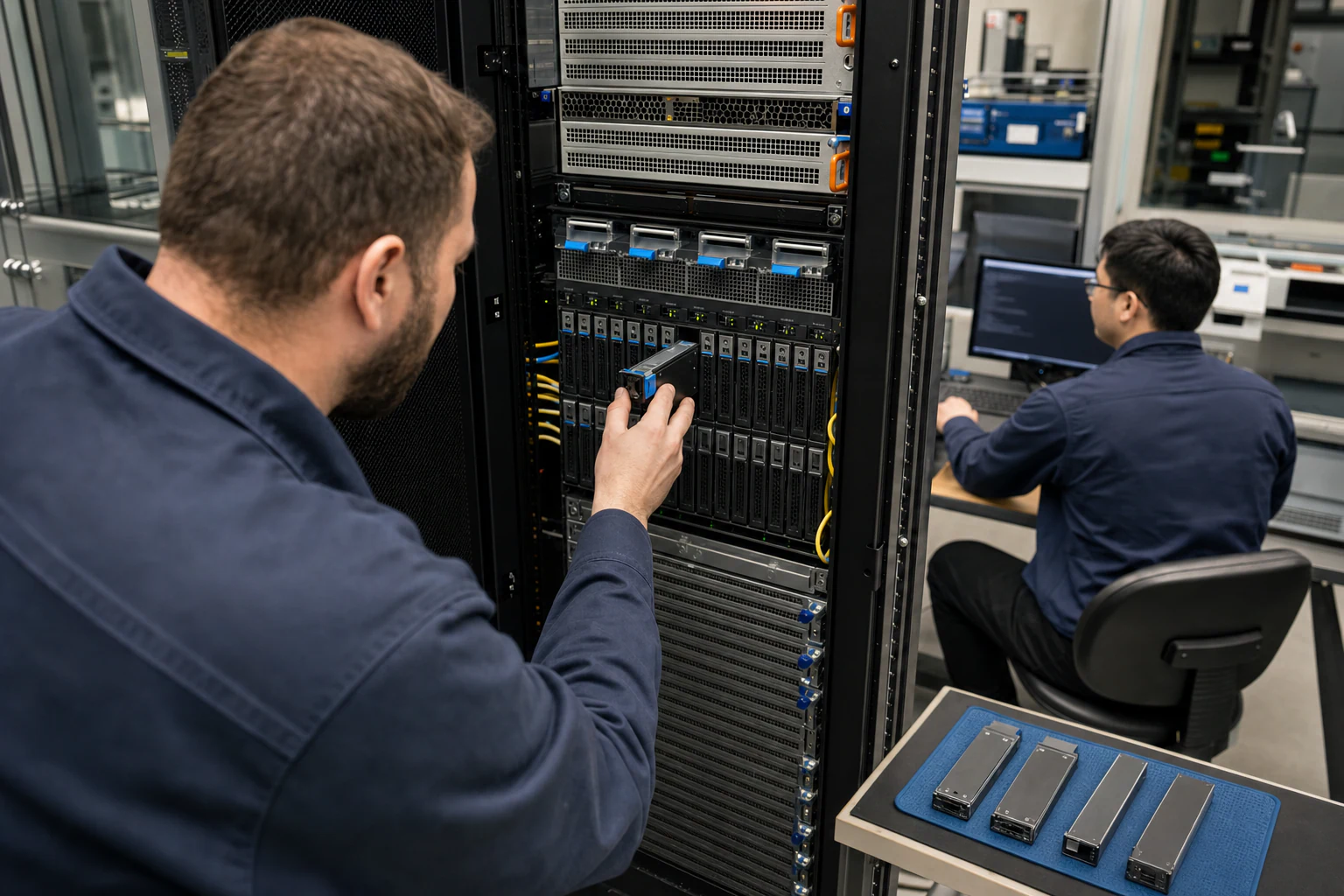 an engineer working with enterprise NVMe storage hardware for “NVMe SSD Form Factor Comparison: U.2 vs E1.S vs M.2 vs AIC for Enterprise and AI Workloads”