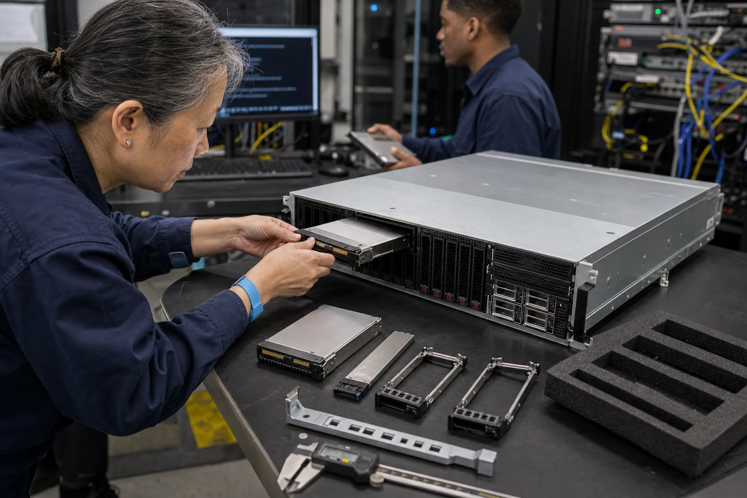an engineer working with enterprise NVMe storage hardware for “NVMe SSD Form Factor Procurement Runbook: What Australian Data Center Teams Need to Know...