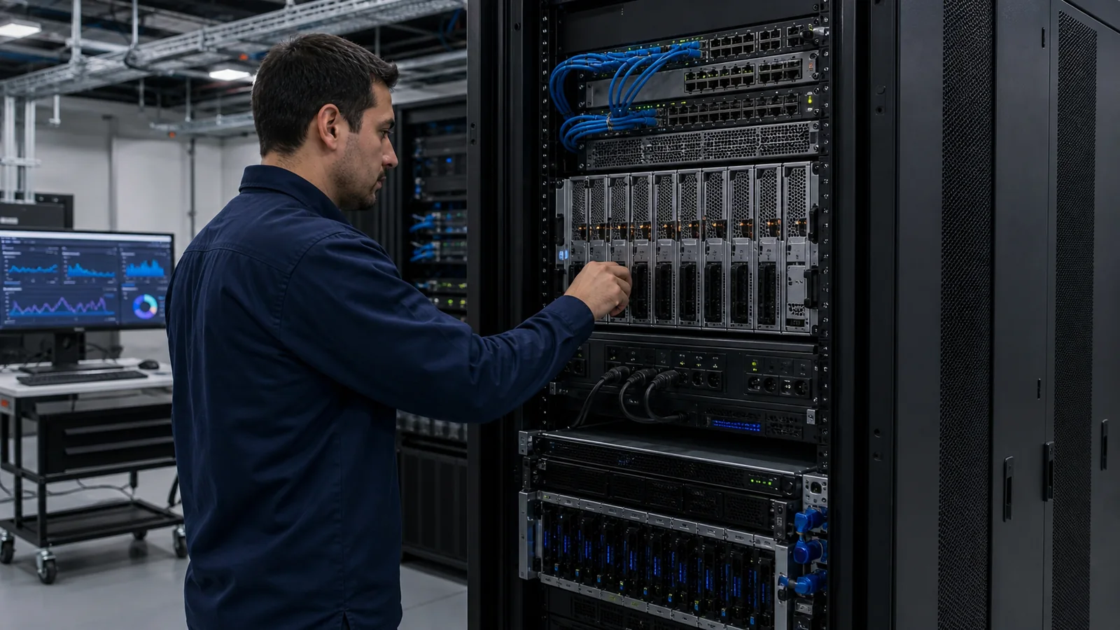 Engineer commissioning an on-premises LLM rack across GPU compute, power, Ethernet networking, NVMe storage, and operational monitoring