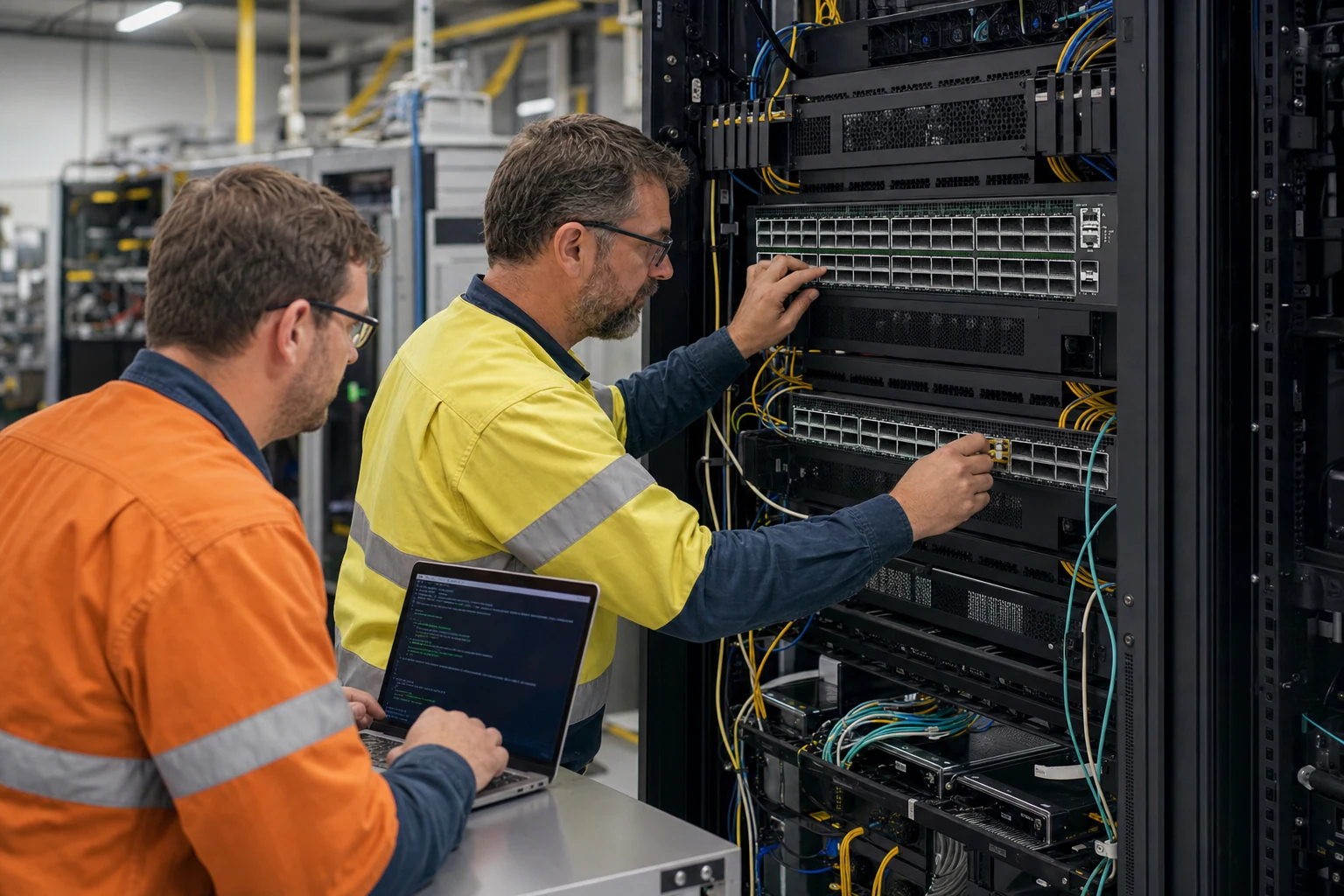 an engineer testing enterprise open-networking switches for “Open Networking Support for Enterprise Buyers: How SONiC and Open NOS Models Actually Work”