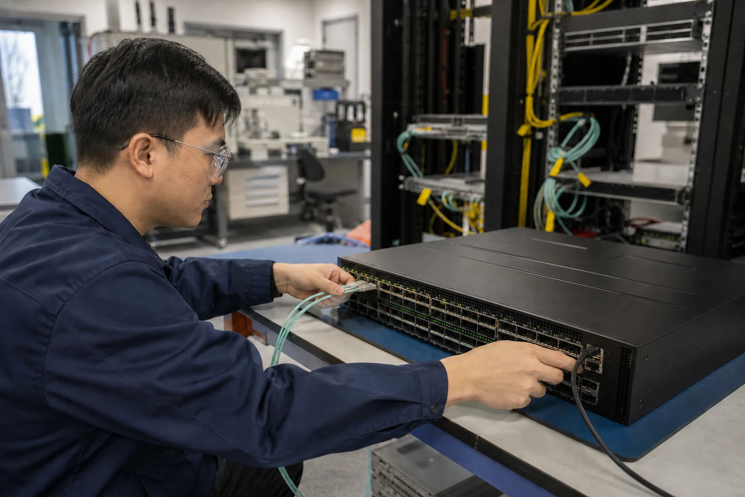 an engineer testing enterprise open-networking switches for “Open Networking White Box Switch Deployment with Enterprise SONiC: A Practical Playbook for...